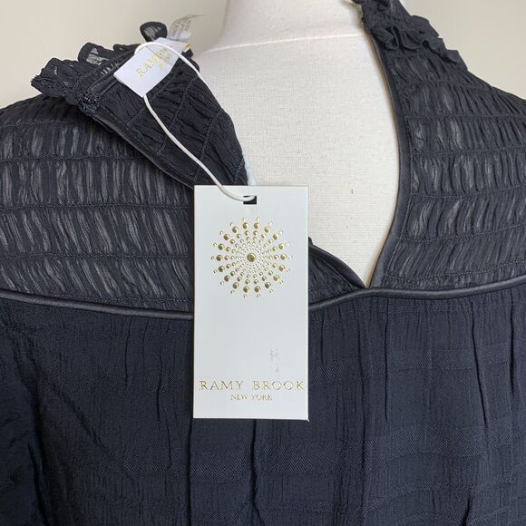 NEW Ramy Brook XS Black Josephine Top Extra Small Sheer Smocked Blouse Boho - Picture 7 of 16